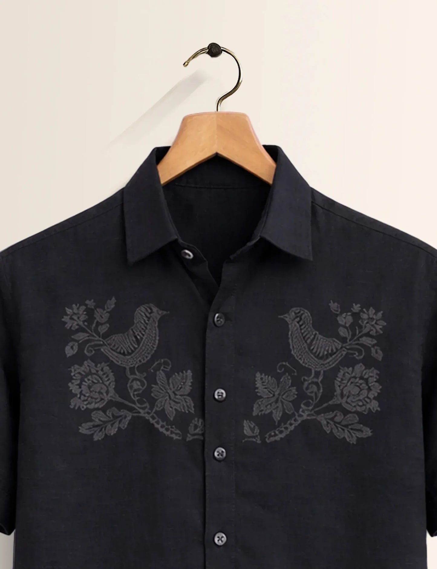 Textilo Premium Black Embroidered Bird Cotton Linen Half Sleeve Shirt