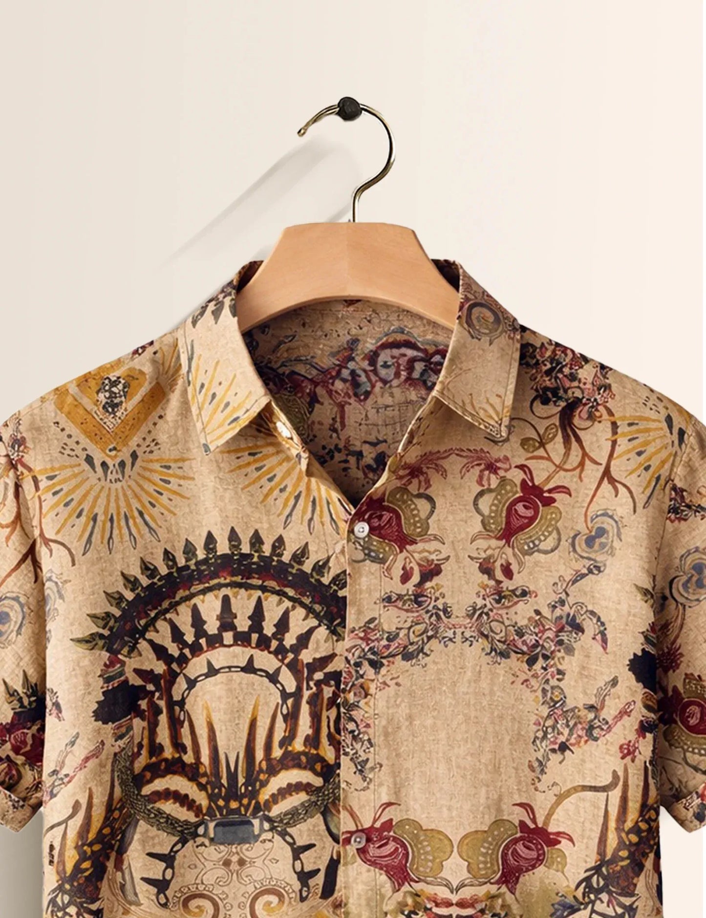 Textilo Premium Vintage Artistic Printed Cotton Linen Half Sleeve Shirt – Beige