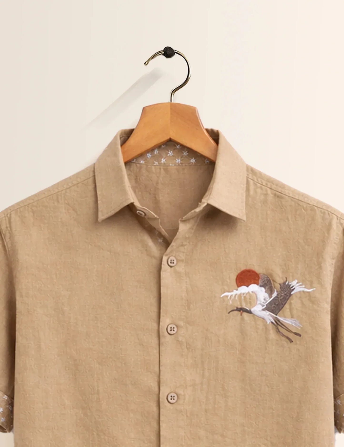 Textilo Premium Embroidered Crane Linen Blend Half Sleeve Shirt – Beige
