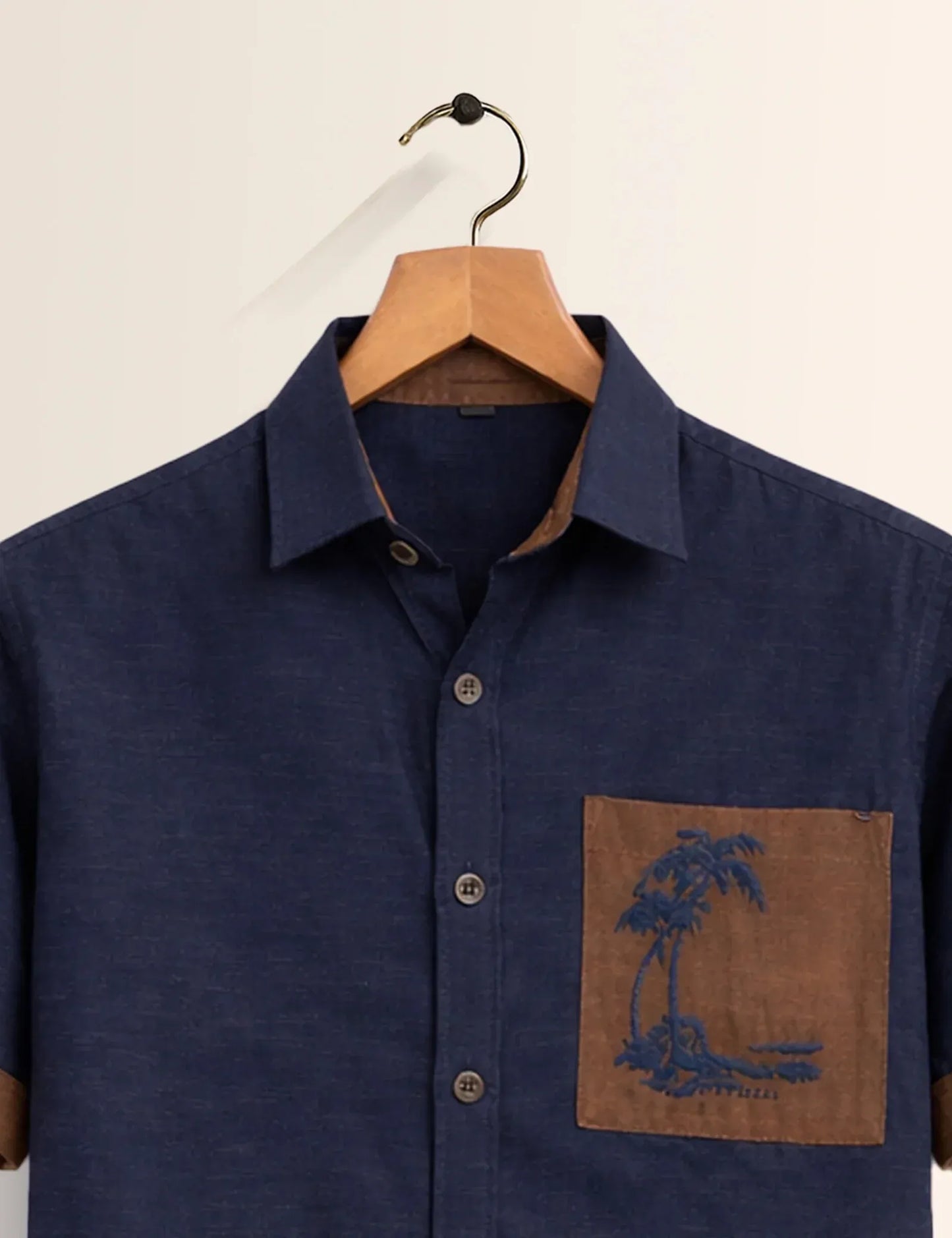 Textilo Premium Navy Blue Cotton Linen Half Sleeve Shirt with Contrast Pocket