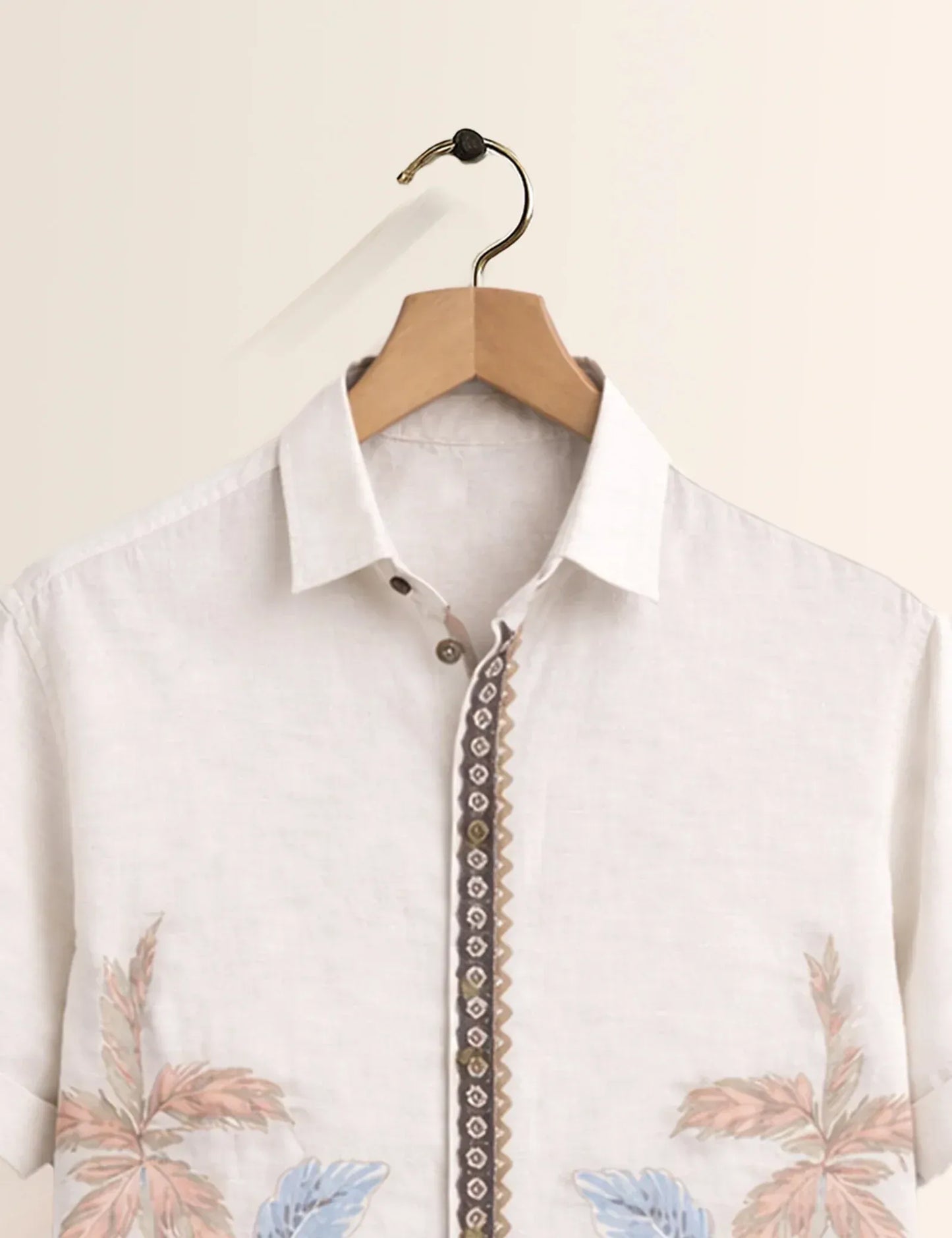 Textilo Premium Tropical Palm Print Cotton Linen Half Sleeve Shirt – White