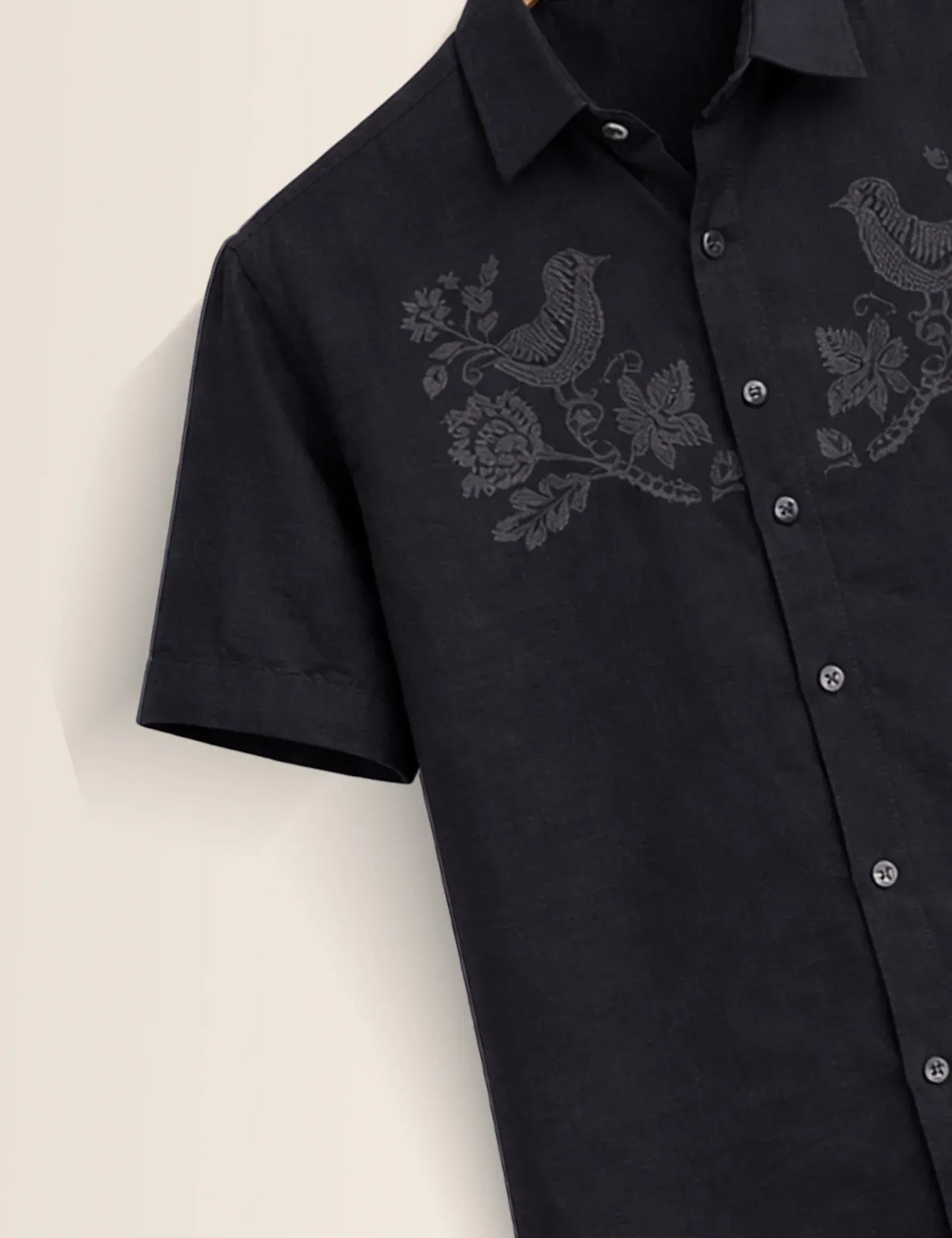 Textilo Premium Black Embroidered Bird Cotton Linen Half Sleeve Shirt