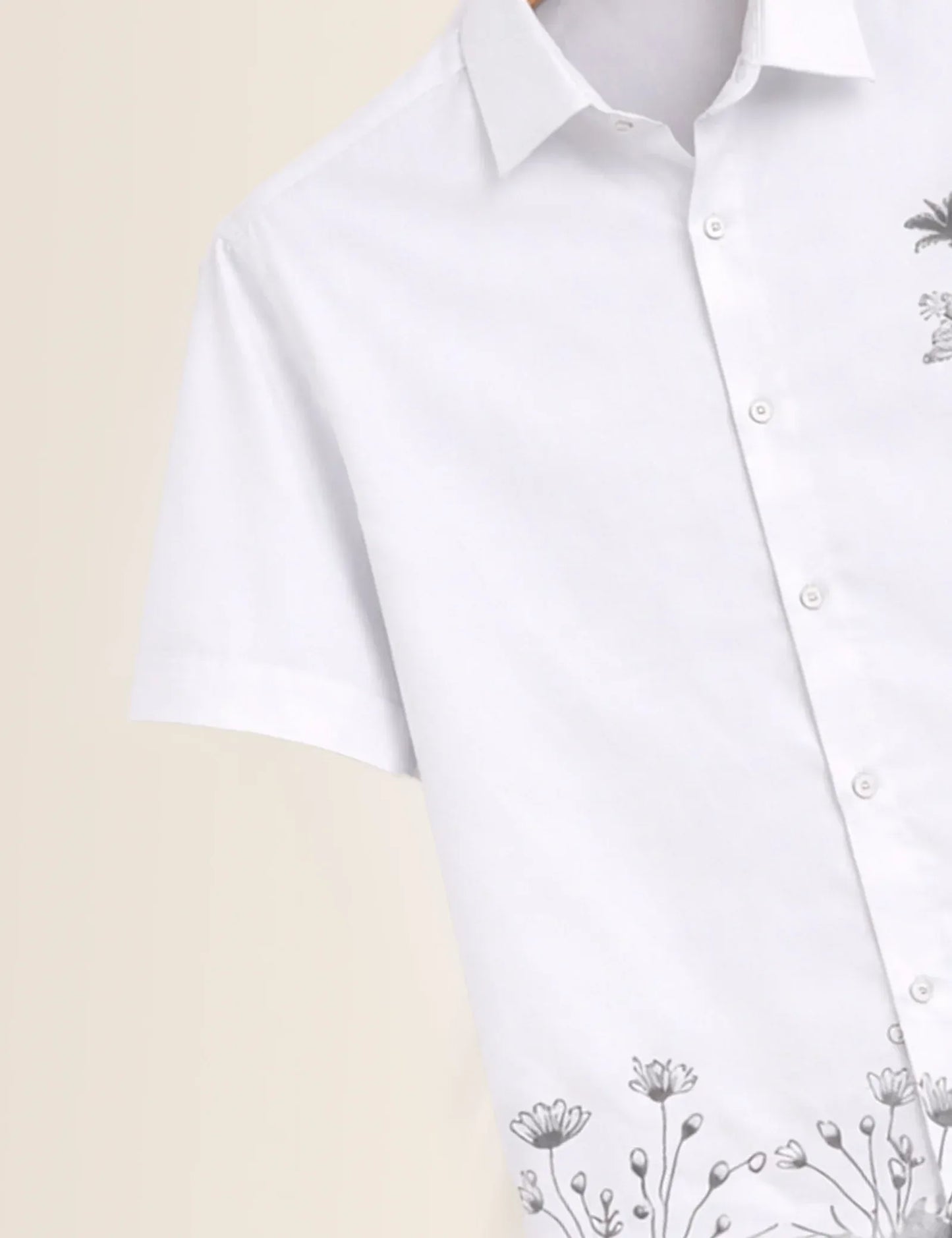 Textilo Premium Minimal Floral Print Cotton Linen Half Sleeve Shirt – White
