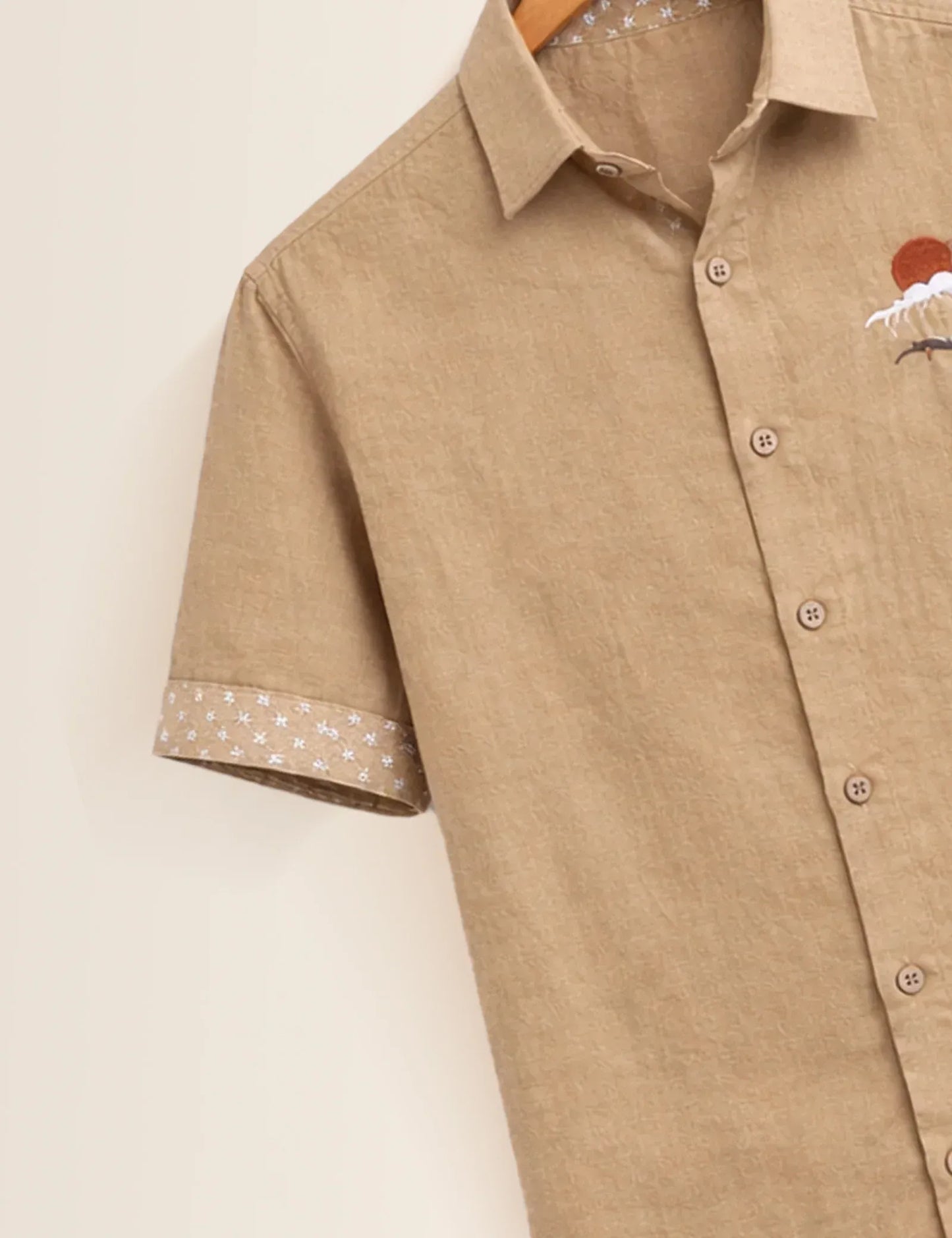 Textilo Premium Embroidered Crane Linen Blend Half Sleeve Shirt – Beige