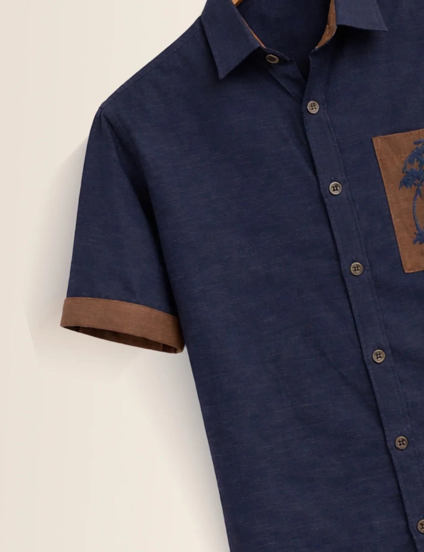 Textilo Premium Navy Blue Cotton Linen Half Sleeve Shirt with Contrast Pocket