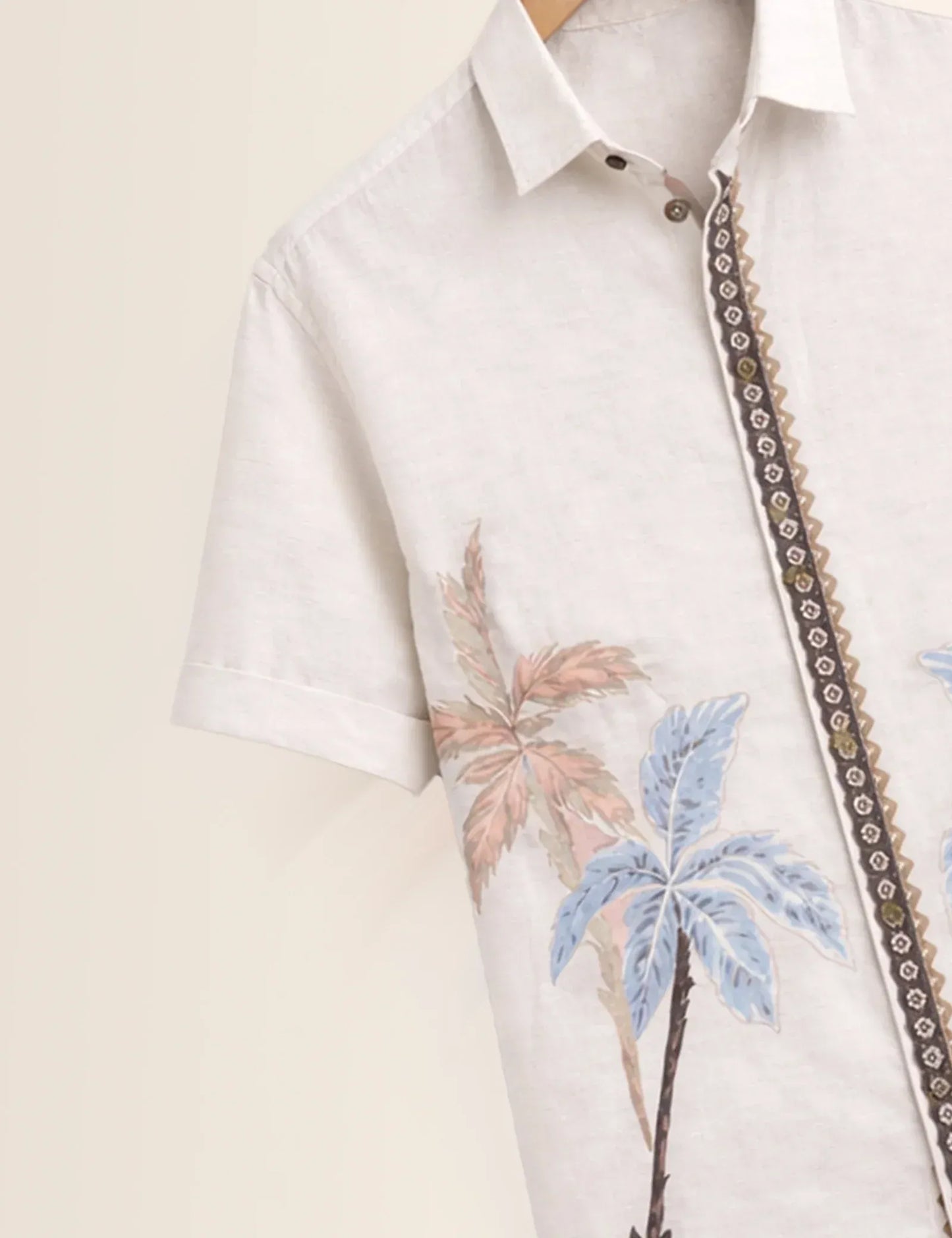 Textilo Premium Tropical Palm Print Cotton Linen Half Sleeve Shirt – White