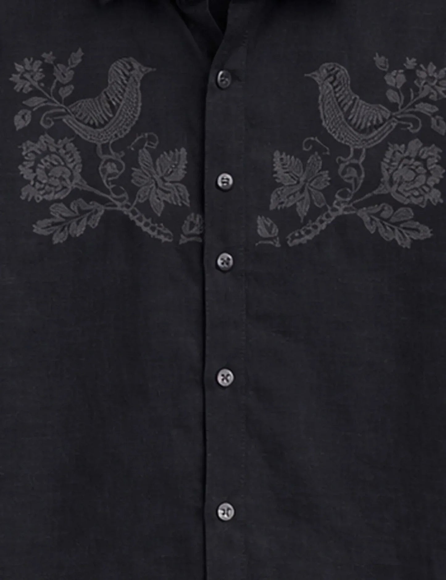 Textilo Premium Black Embroidered Bird Cotton Linen Half Sleeve Shirt