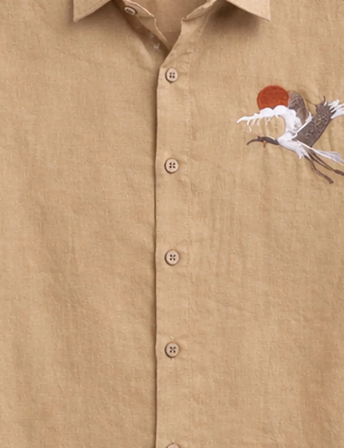 Textilo Premium Embroidered Crane Linen Blend Half Sleeve Shirt – Beige