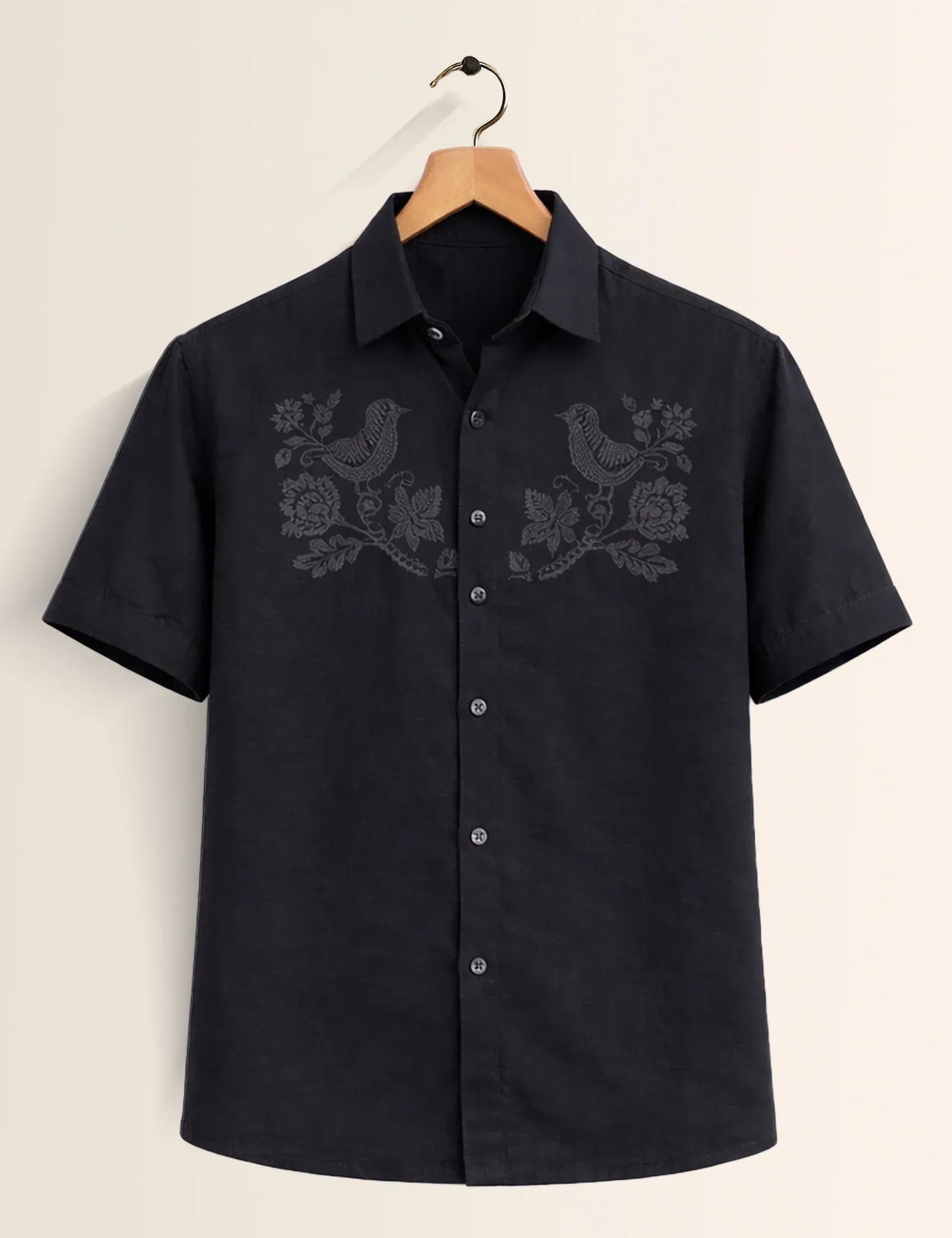 Textilo Premium Black Embroidered Bird Cotton Linen Half Sleeve Shirt