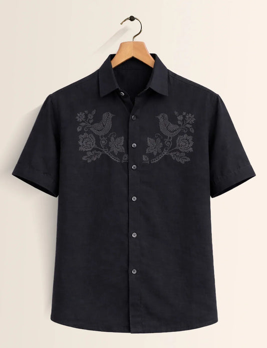 Textilo Premium Black Embroidered Bird Cotton Linen Half Sleeve Shirt