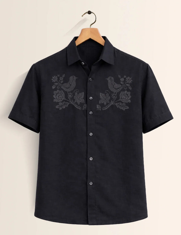 Textilo Premium Black Embroidered Bird Cotton Linen Half Sleeve Shirt