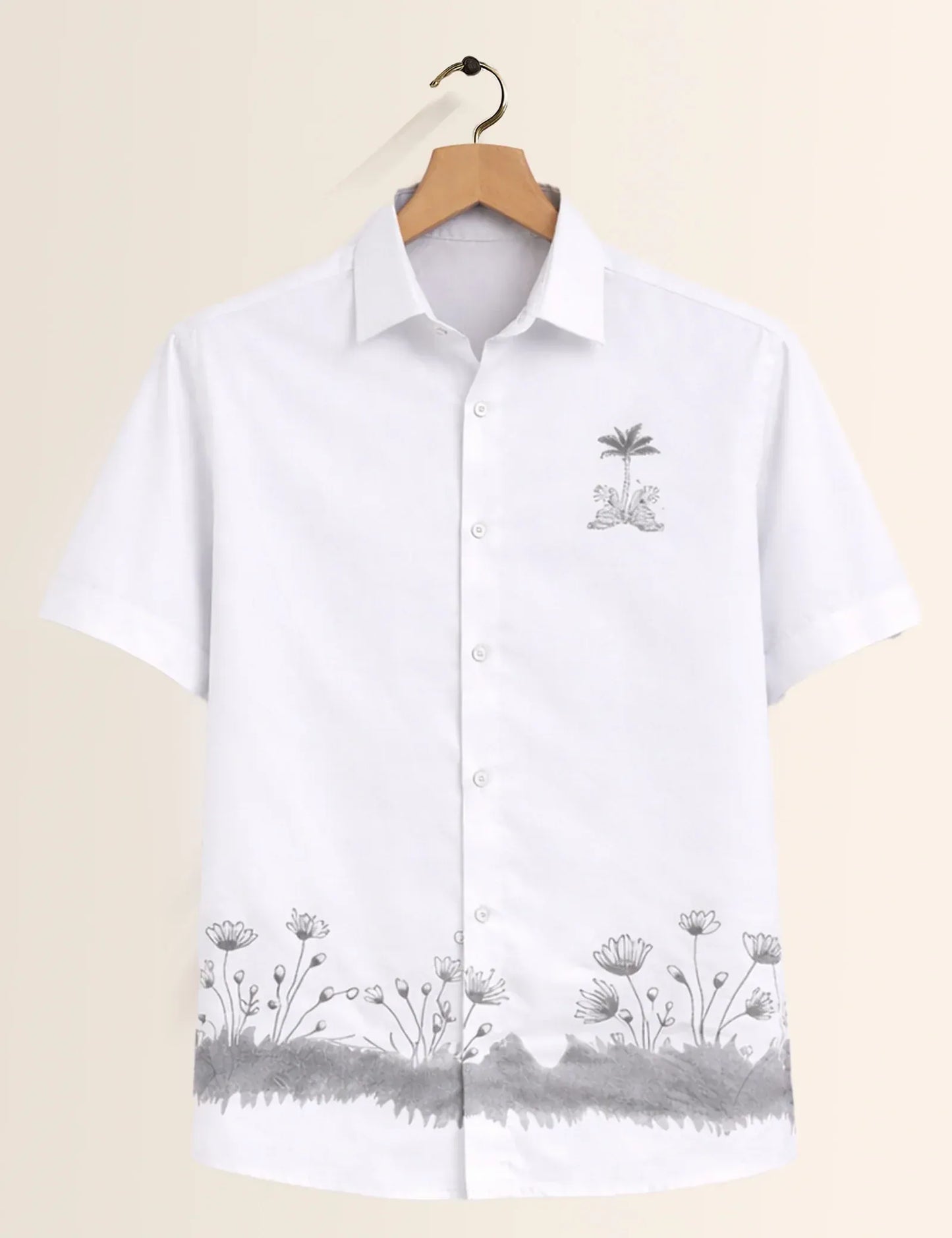 Textilo Premium Minimal Floral Print Cotton Linen Half Sleeve Shirt – White