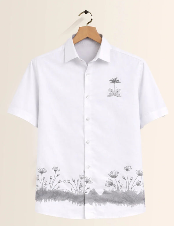 Textilo Premium Minimal Floral Print Cotton Linen Half Sleeve Shirt – White