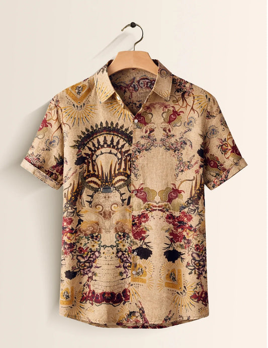 Textilo Premium Vintage Artistic Printed Cotton Linen Half Sleeve Shirt – Beige