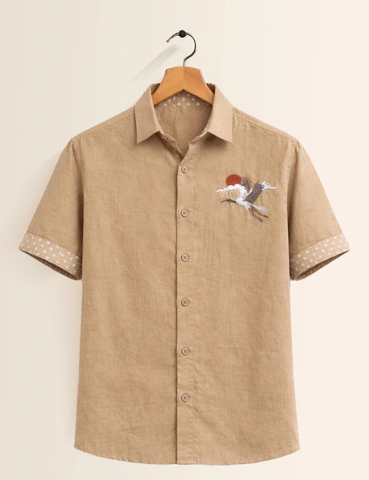 Textilo Premium Embroidered Crane Linen Blend Half Sleeve Shirt – Beige