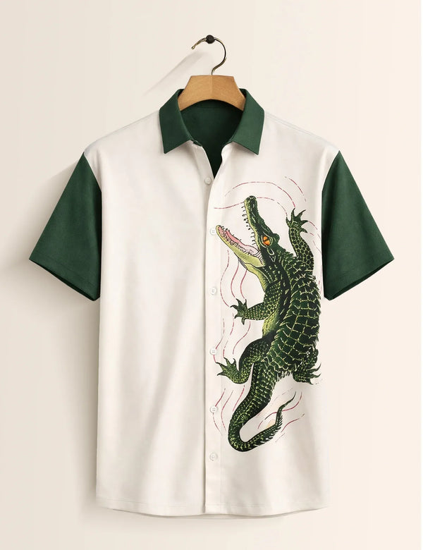 Textilo Premium Crocodile Graphic Cotton Blend Half Sleeve Shirt – White & Forest Green