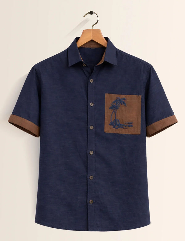 Textilo Premium Navy Blue Cotton Linen Half Sleeve Shirt with Contrast Pocket
