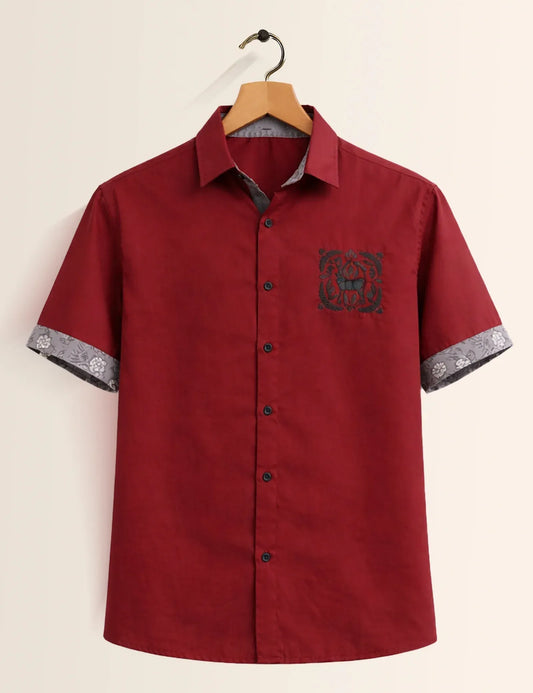 Textilo Premium Maroon Cotton Blend Half Sleeve Shirt with Embroidered Crest