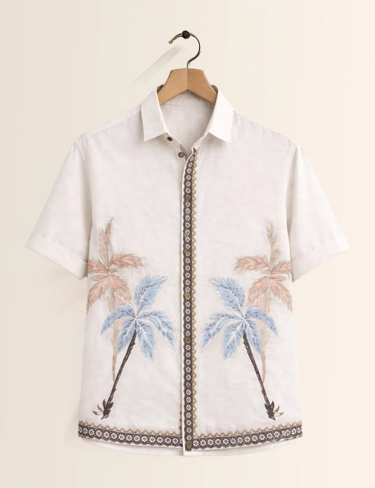 Textilo Premium Tropical Palm Print Cotton Linen Half Sleeve Shirt – White