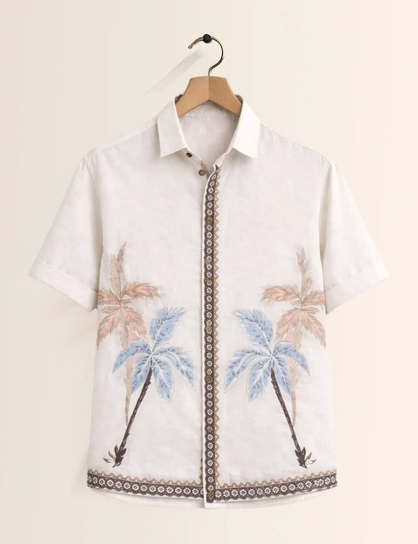 Textilo Premium Tropical Palm Print Cotton Linen Half Sleeve Shirt – White